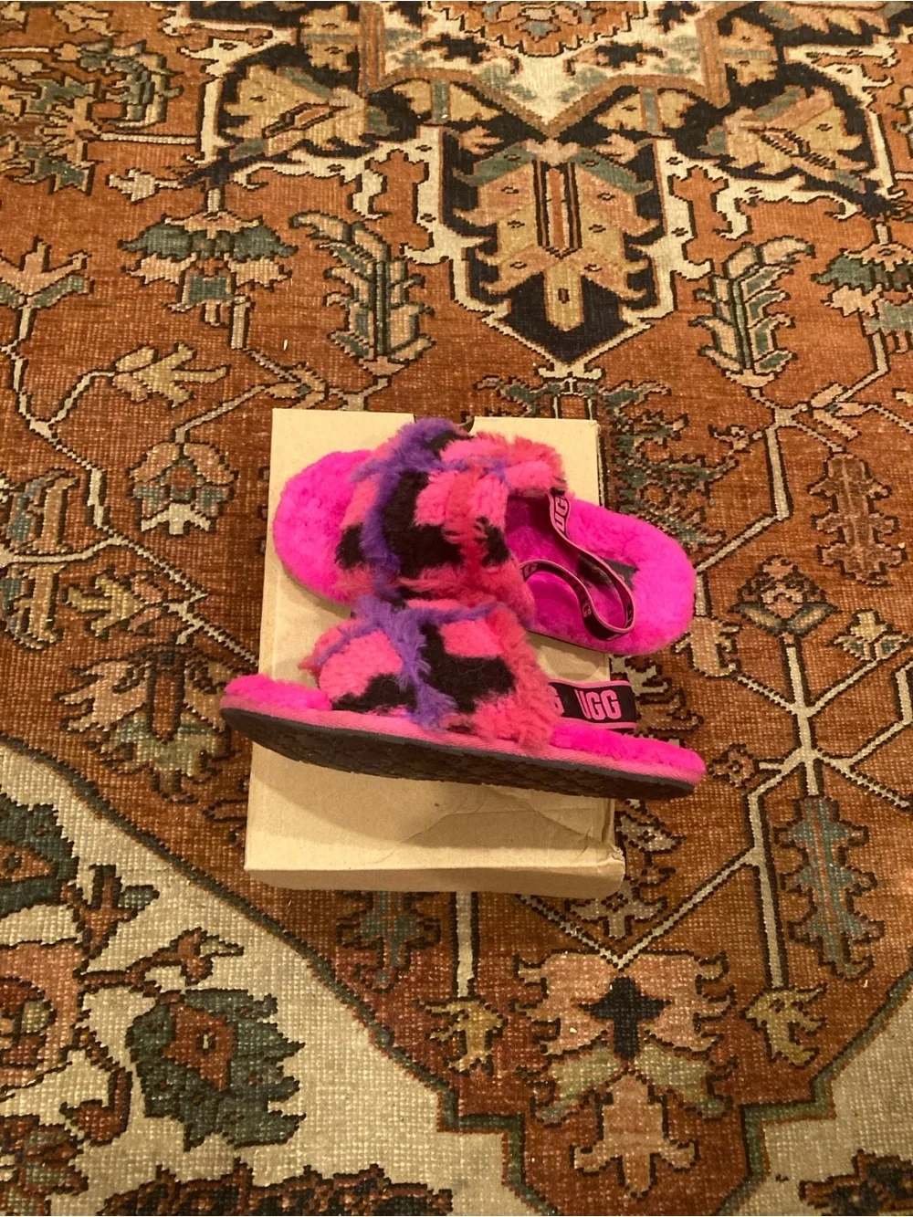 UGG Kids Fuzzy Slide Sandals in Hot Pink and Purple